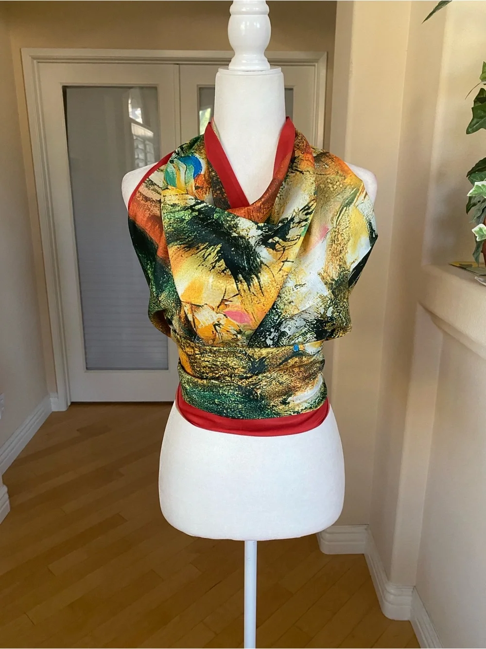 Silk Scarf Wrap Dress Top Abstract Multicolor with Red Trim